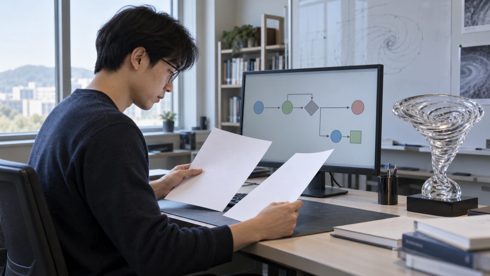 연구자가 형식 검증 흐름과 유체 소용돌이 모형을 함께 살펴보는 모습