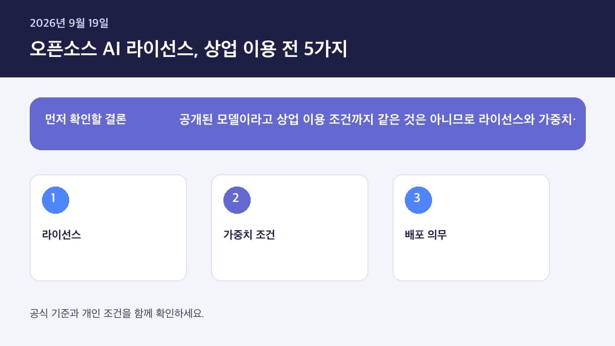 open source AI license commercial use 2026 — 핵심 판단 기준을 정리한 인포그래픽