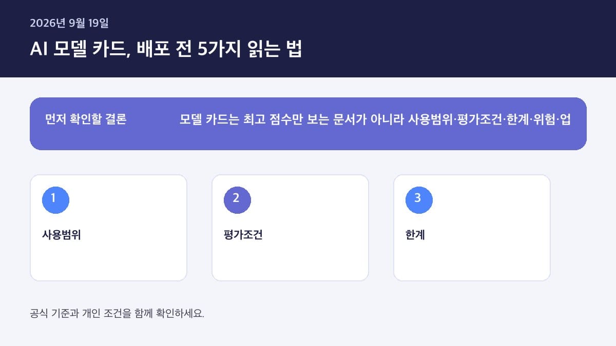 AI 모델 카드 읽는 법 배포 전 5가지 — 핵심 판단 기준을 정리한 인포그래픽