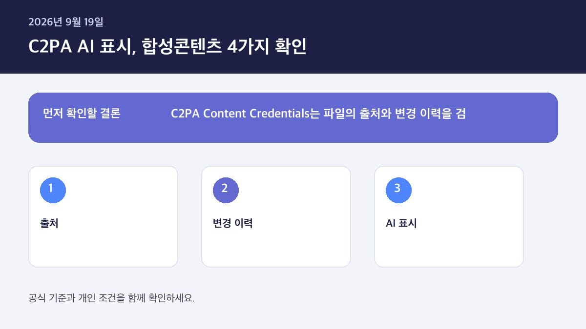 C2PA AI 합성콘텐츠 표시 4가지 확인 2026 — 핵심 판단 기준을 정리한 인포그래픽