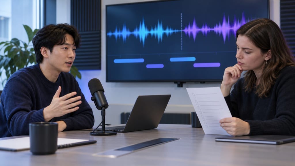 GPT-Live-1 음성 AI의 중단 처리와 응답 흐름을 점검하는 제품팀 회의 장면