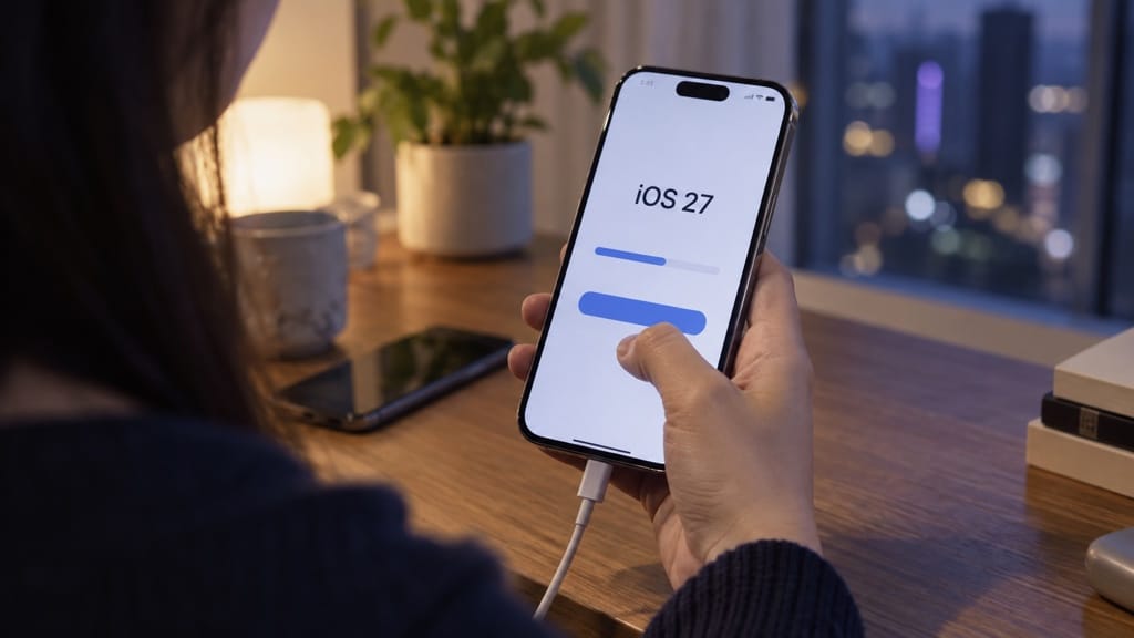 iOS 27 공개 후 iPhone에서 소프트웨어 업데이트 화면과 기기 호환성을 확인하는 모습