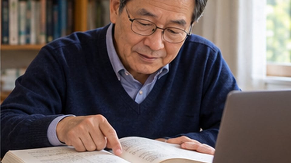 무료 기능을 살펴보며 질문을 메모하는 학습자가 책과 원문을 대조하는 장면