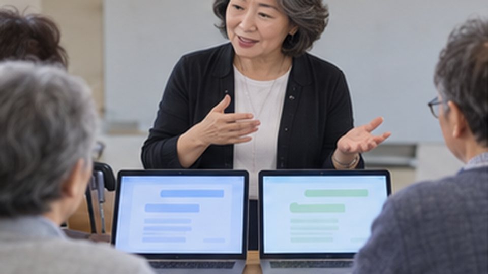 두 AI 답변을 같은 조건에서 검토하는 사용자가 질문을 구체화하는 장면