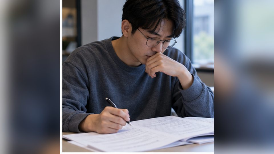 공인중개사 시험과목 공부 계획표와 책을 살펴보는 성인 학습자
