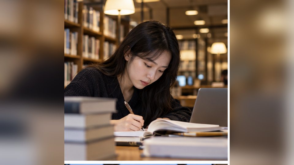공인중개사 시험과목 도서관에서 법률 교재를 읽는 모습