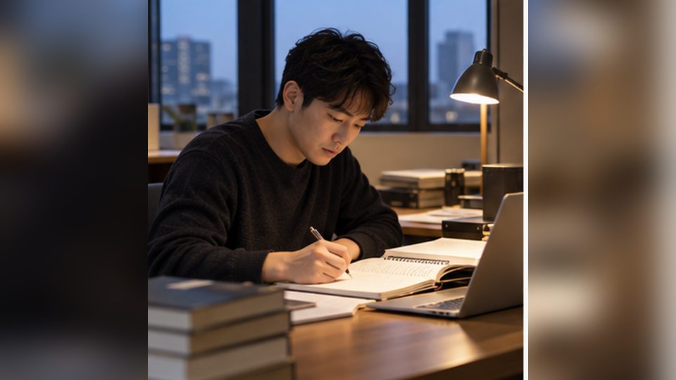 공인중개사 시험과목 문제 풀이 중 계산기를 확인하는 수험생