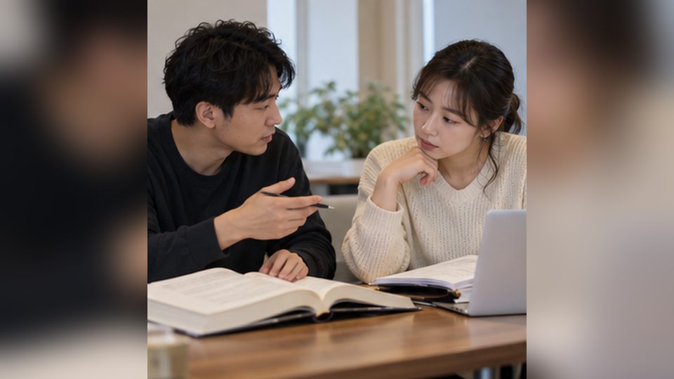 공인중개사 시험과목 두 사람이 시험 공부 내용을 나누는 모습
