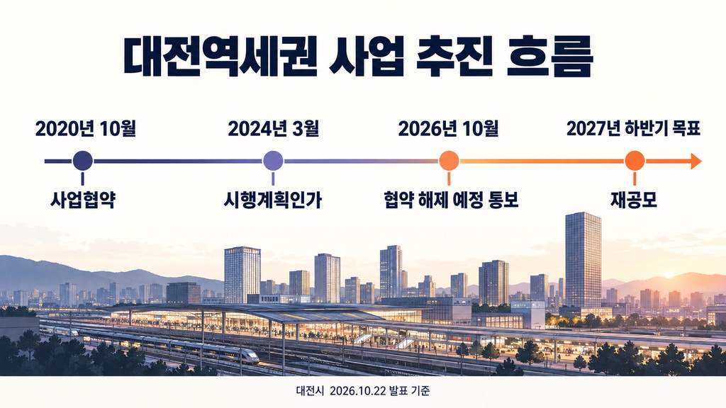 대전역세권 재공모 과정의 2020년 협약, 2024년 인가, 2026년 해제 예정 통보와 2027년 목표