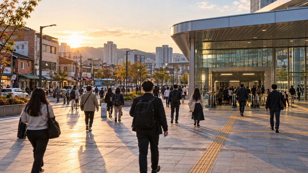 대전역세권 재공모 사업과 역 광장 이용 흐름을 보여주는 도심 보행 장면
