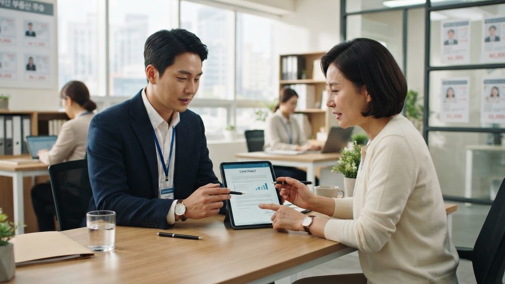 매수인과 공인중개사가 태블릿으로 계약 내용을 함께 확인하는 장면
