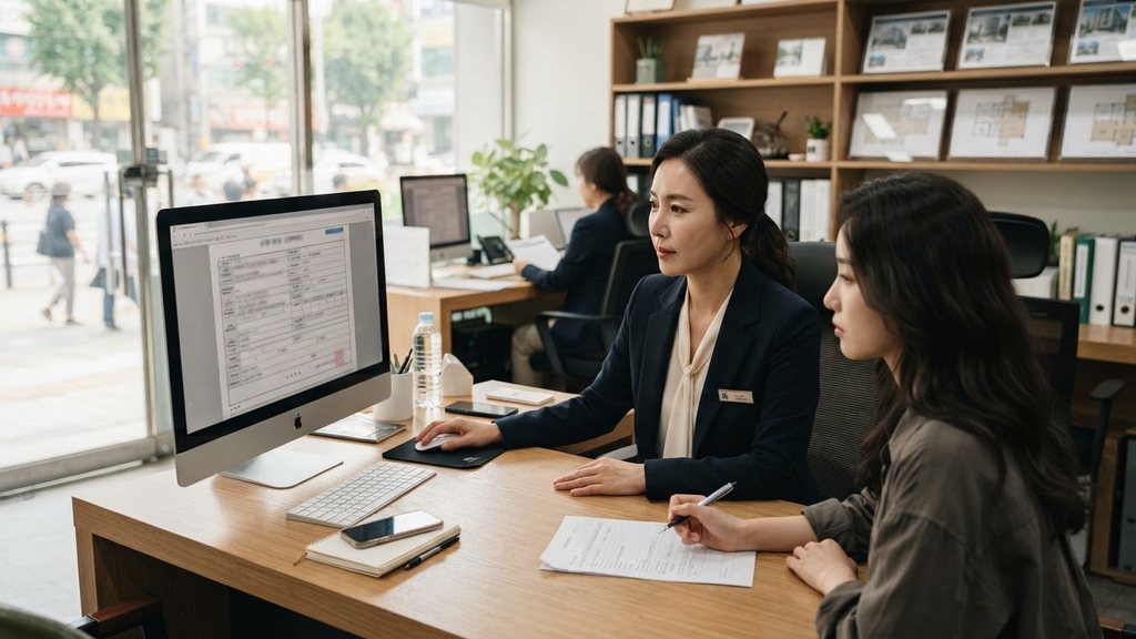 공인중개사가 사무실 컴퓨터에서 부동산 계약 정보를 입력하는 장면