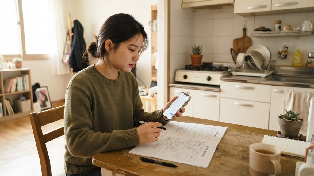 임차인이 휴대전화로 주택 임대차 문서를 확인하는 장면