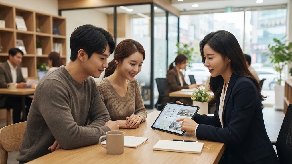 부부가 중개사와 함께 매물 정보를 확인하는 상담 장면
