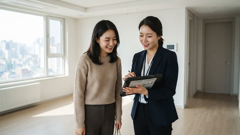 빈 아파트에서 임차인과 중개사가 태블릿을 확인하는 모습