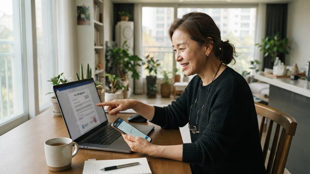 집에서 노트북과 휴대전화로 저장된 계약서를 확인하는 장면