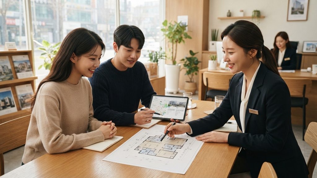 중개사와 거래 당사자들이 평면도와 태블릿을 확인하는 모습